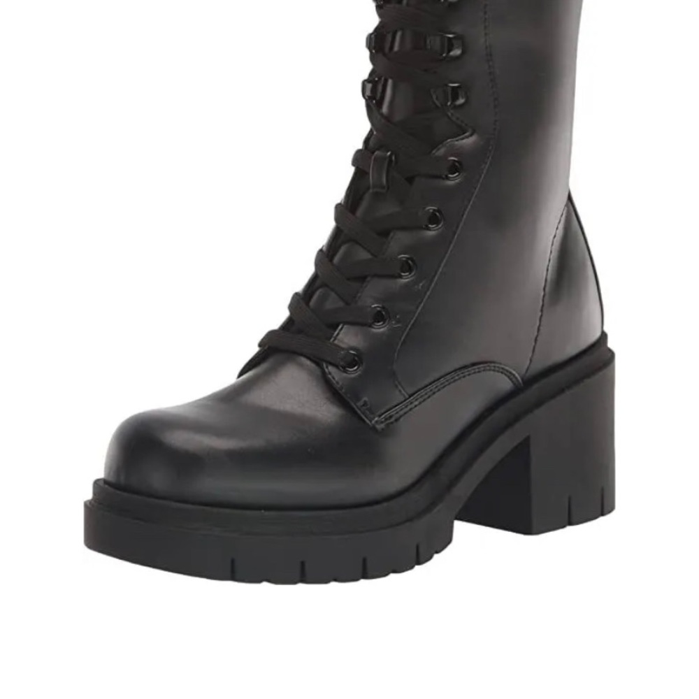 Nine West Juna3 Black2 Lace Up Chunky Block Heel Rounded Toe Combat Ankle Boots